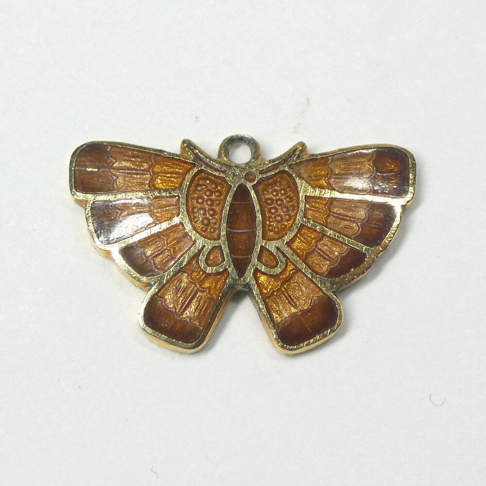 Enameled Charm Butterfly Orange Brown Vintage 1970s Retro Goldtone